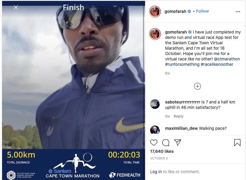 Sir Mo Farah participating via the Cape Town Marathon App