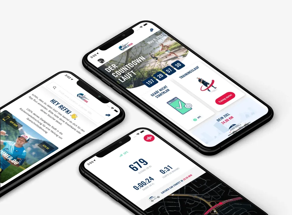 Wings for Life World Run App on 3 iPhones