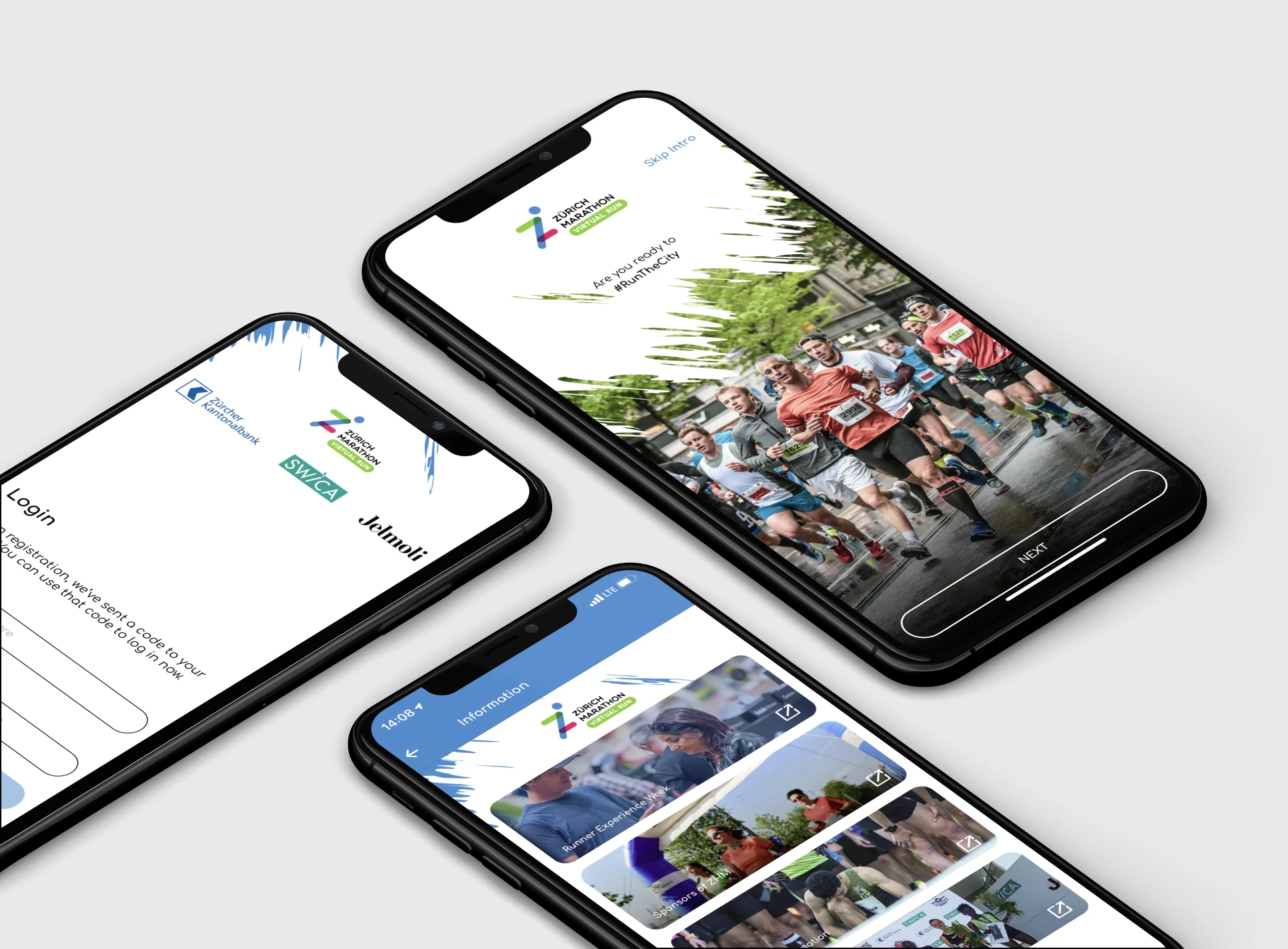 Zurich Marathon App on 3 iPhones